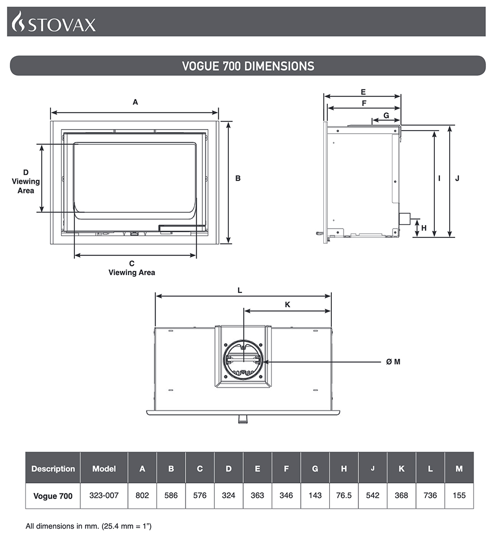 Stovax Vogue 700 Inset Cassette Fire Dimensions