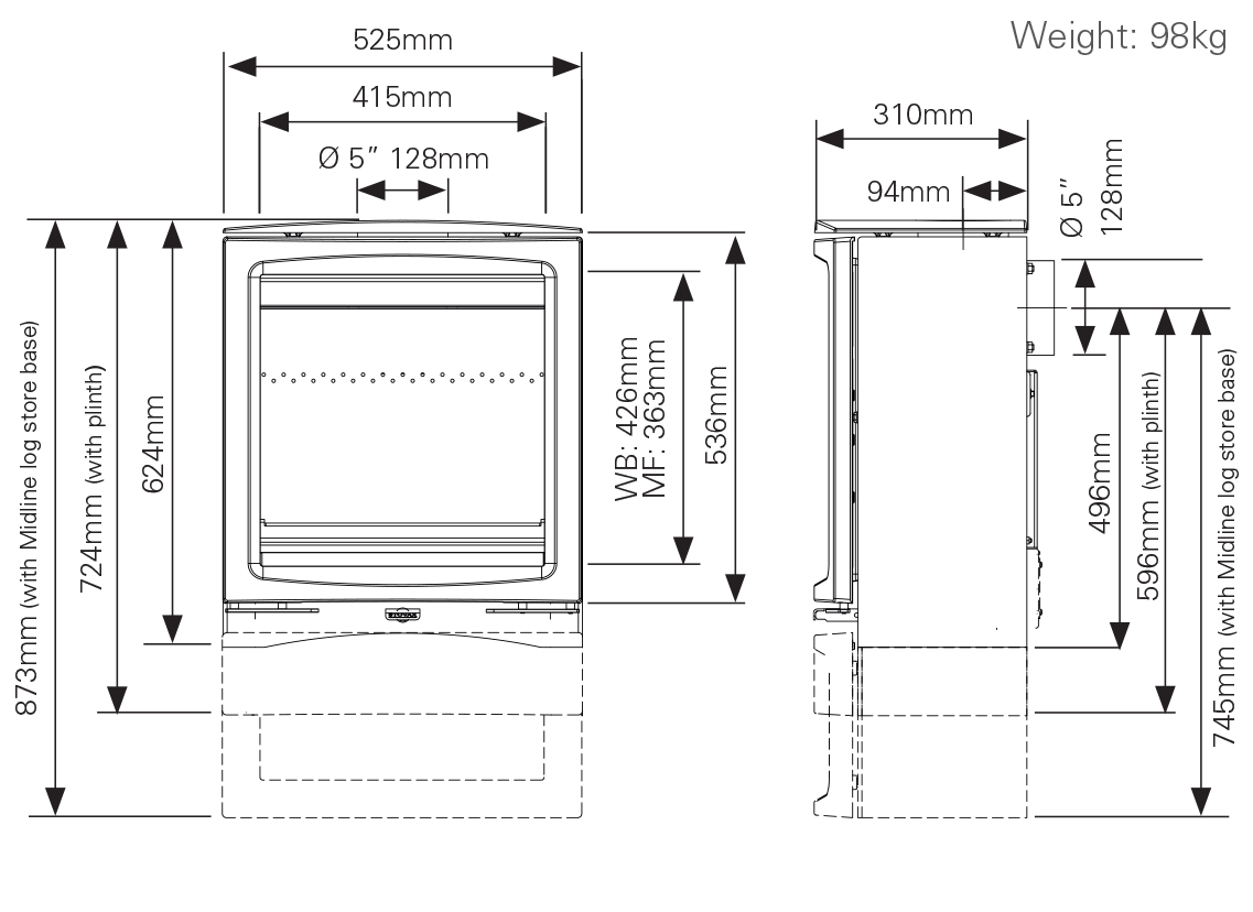 Stovax Vogue Medium Slimline Stove Sizes