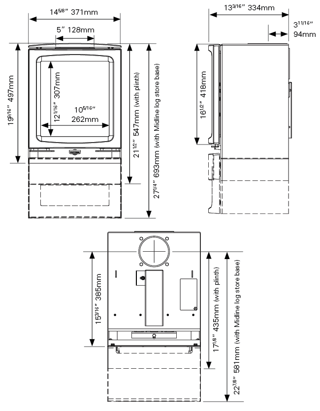 Stovax Vogue Small Woodburning Stove Dimensions