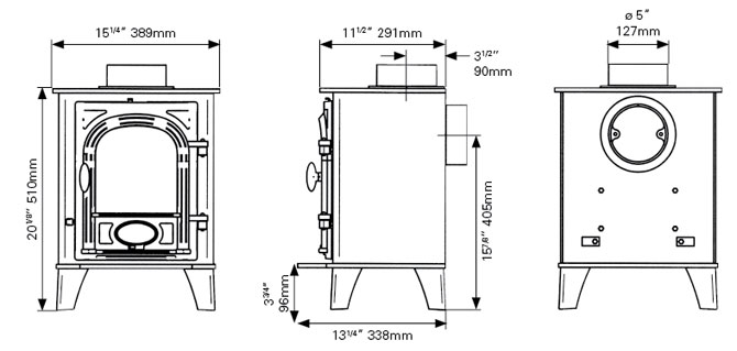 Stovax Stockton 3 Multi-Fuel Stove Dimensions