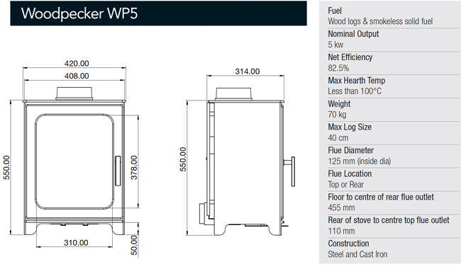 Woodpecker Stoves WP5 Dimensions