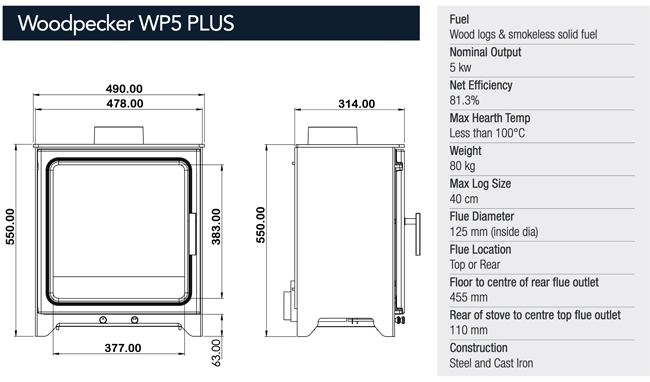 Woodpecker WP5 Plus Stove Dimensions