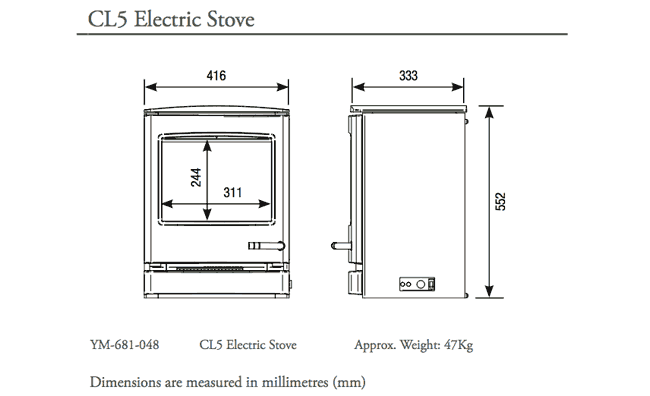 Yeoman CL5 Electric Stove Sizes