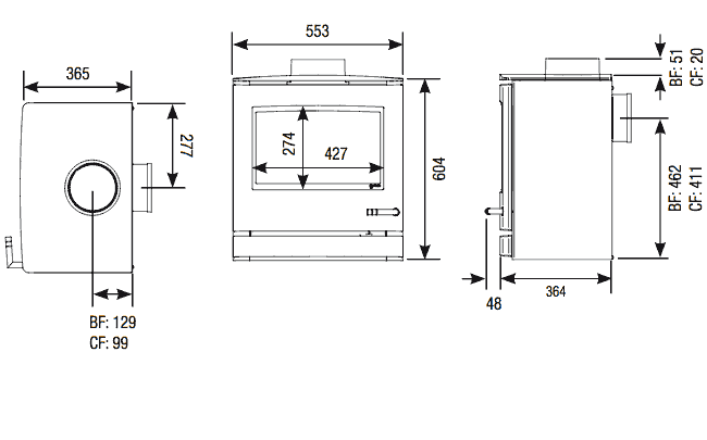 Yeoman CL8 Gas Stove Dimensions