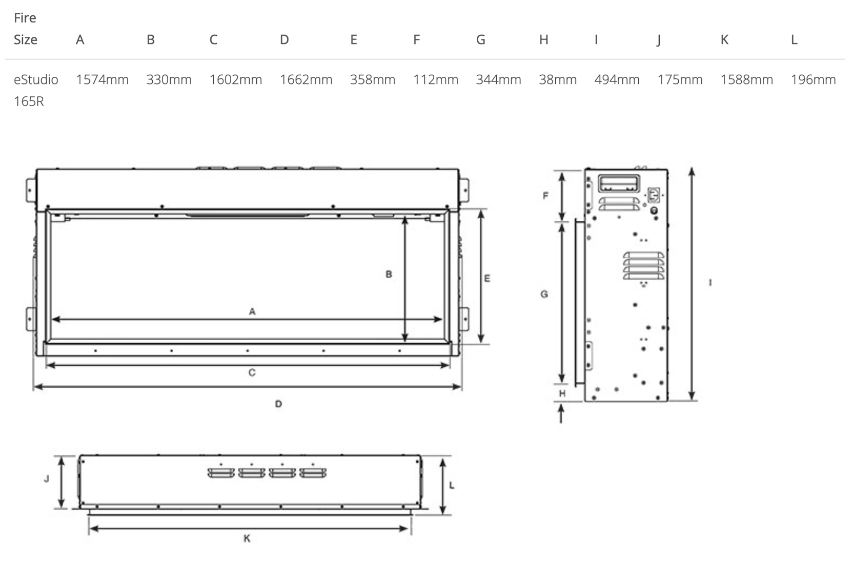 eStudio 165R Electric Fire Sizes