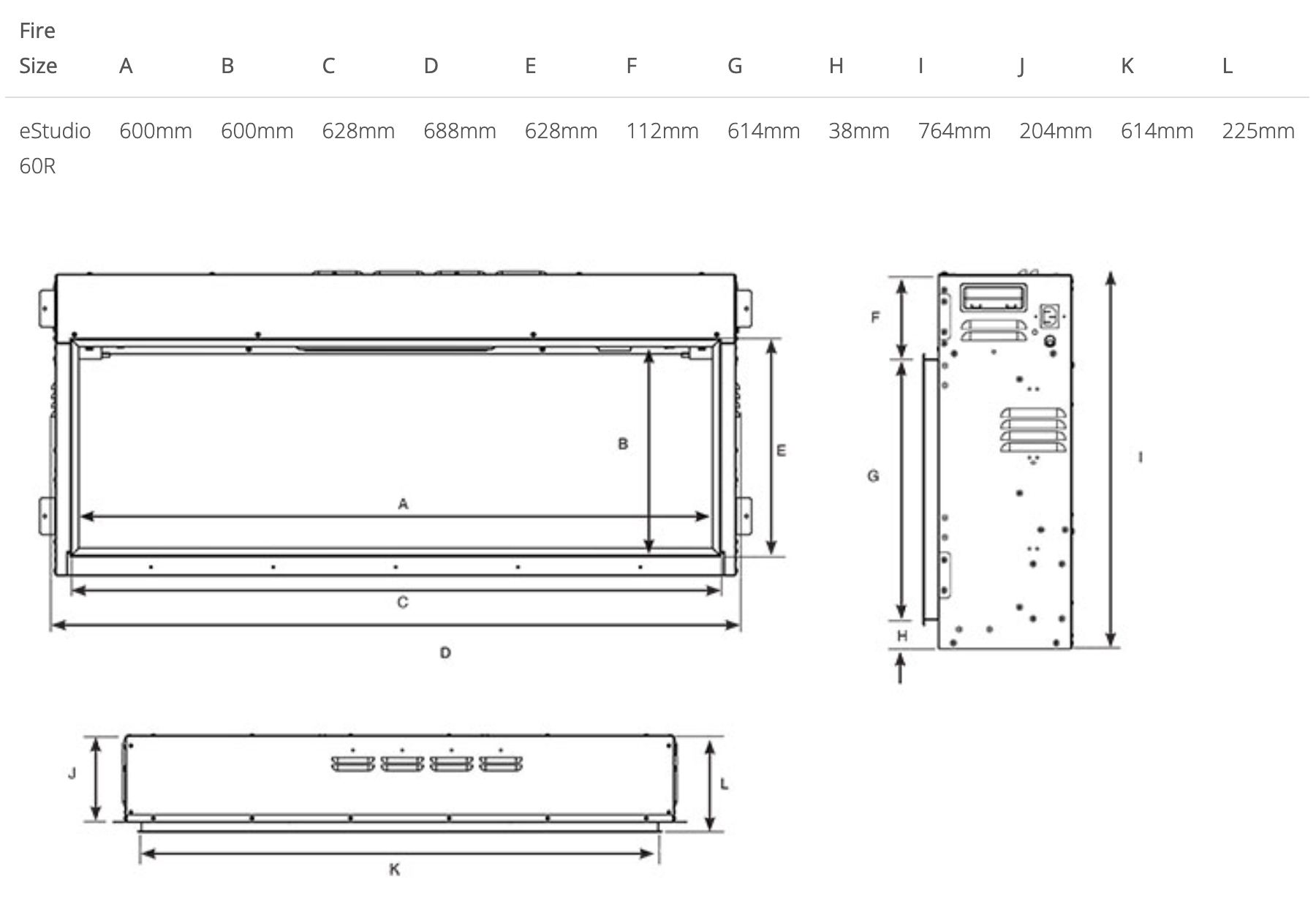 Gazco eStudio 60R Electric Fire Sizes