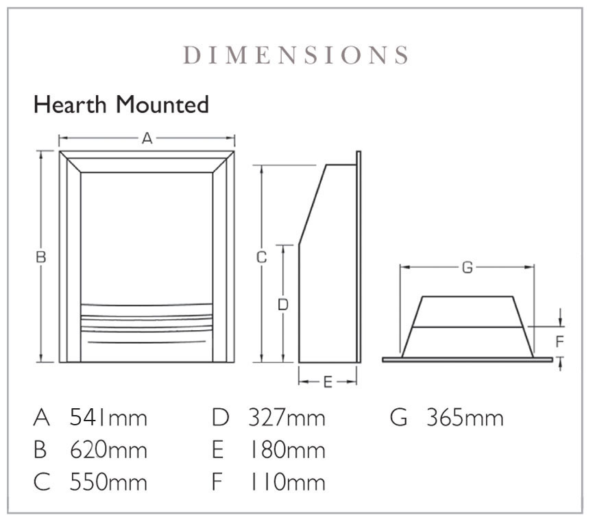 Verine Frontier HE Hearth Mounted Gas Fire Dimensions