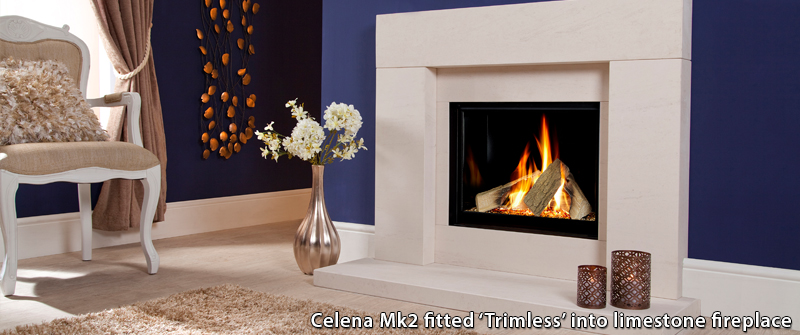 Celena HE Mk2 Gas Fire fitted Trimless into limestone fireplace