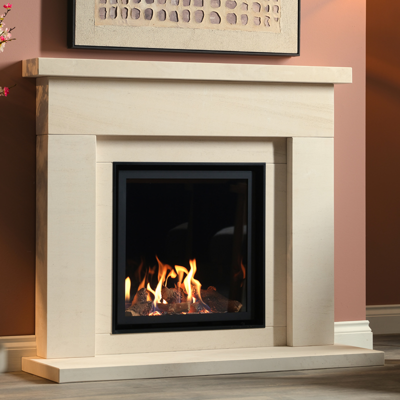 Adore 600 HE Gas Fire with Amber Limestone Fireplace Suite
