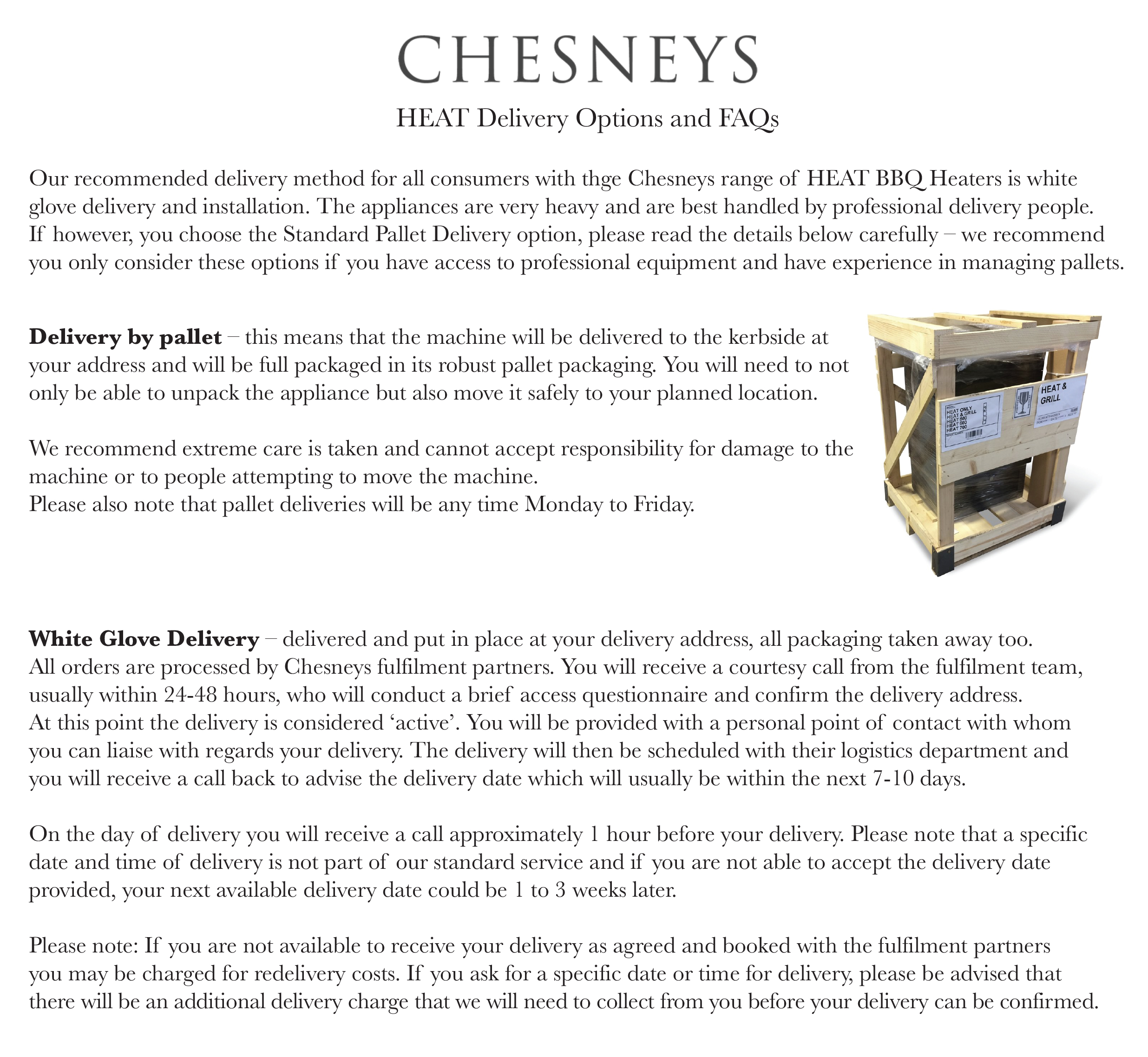 Chesneys HEAT Delivery Information